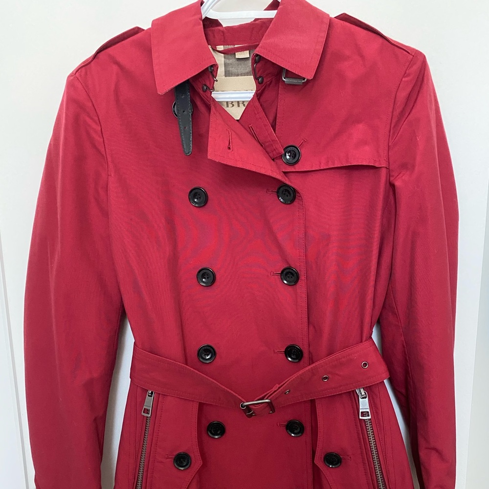 Burberry Brit red with leather straps trench coat